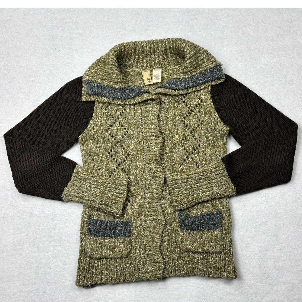 BKE Womens Chunky Knit Wool Blend Cardigan Sweater Green Brown Snap Front Size M